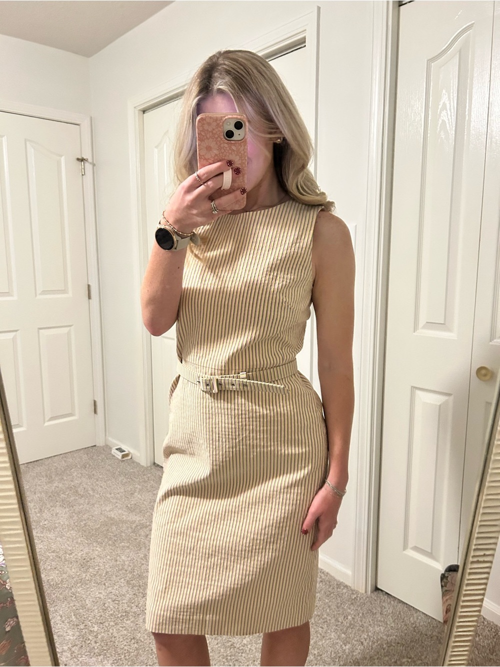 J. Crew Sleeveless Beige and White Striped Midi Dress